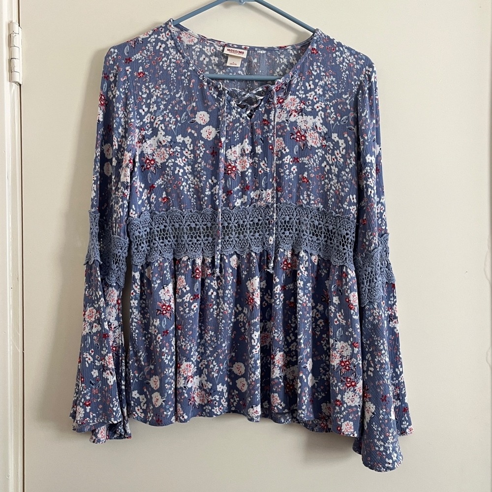 Mossimo Women Floral Bell Flared Sleeves Top Large Crochet Lace Up Tie Y2K Boho